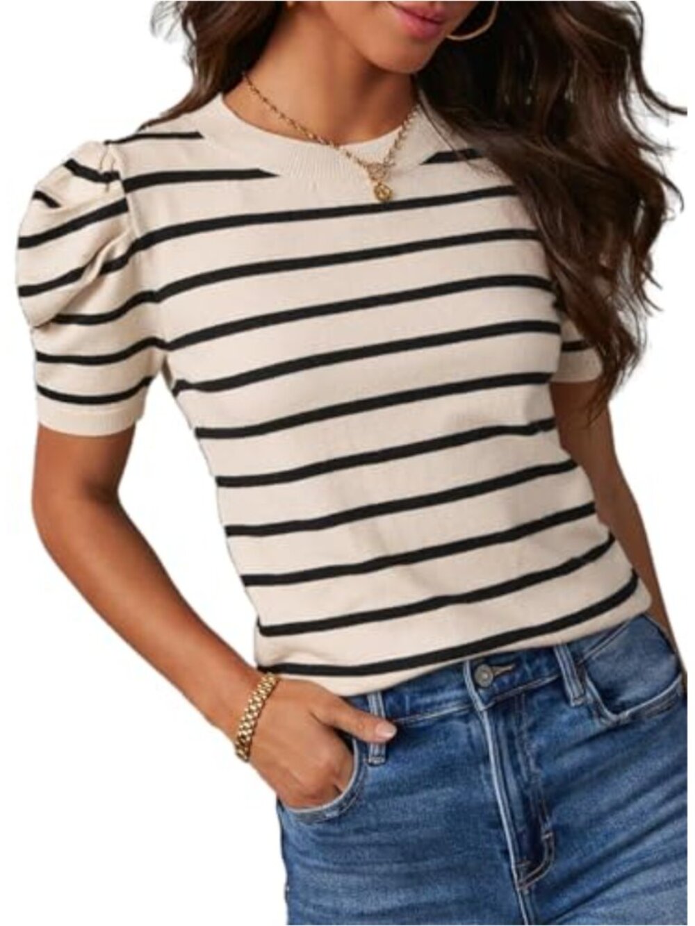 Women's Striped Puff Sleeve Knit Tunic Top Loose Fit Casual Summer Blouse